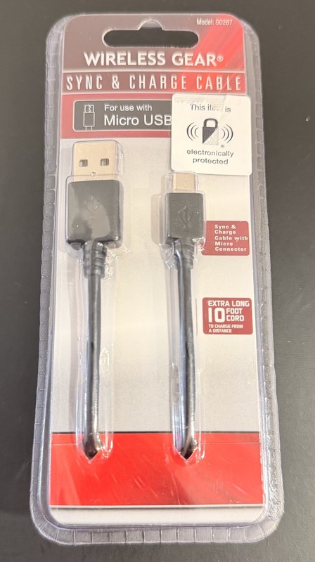 WIRELESS GEAR Sync & Charge 10ft Black Cord for Micro USB-C devices New in Box!