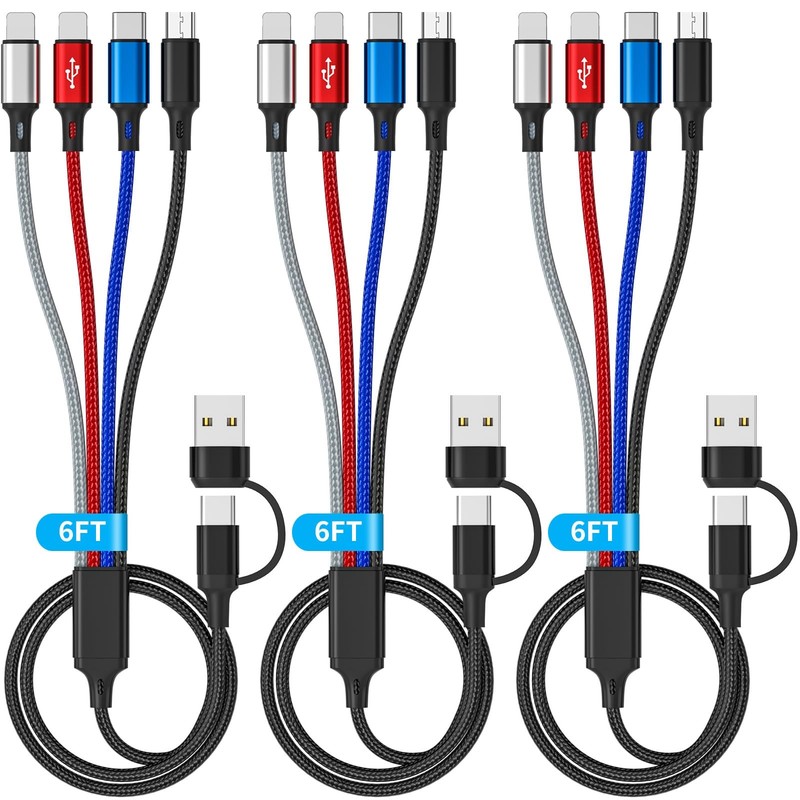 Multiple Charging Cable (3Pack 6FT) 6 in 1 Universal Charger Cable, Braided M…