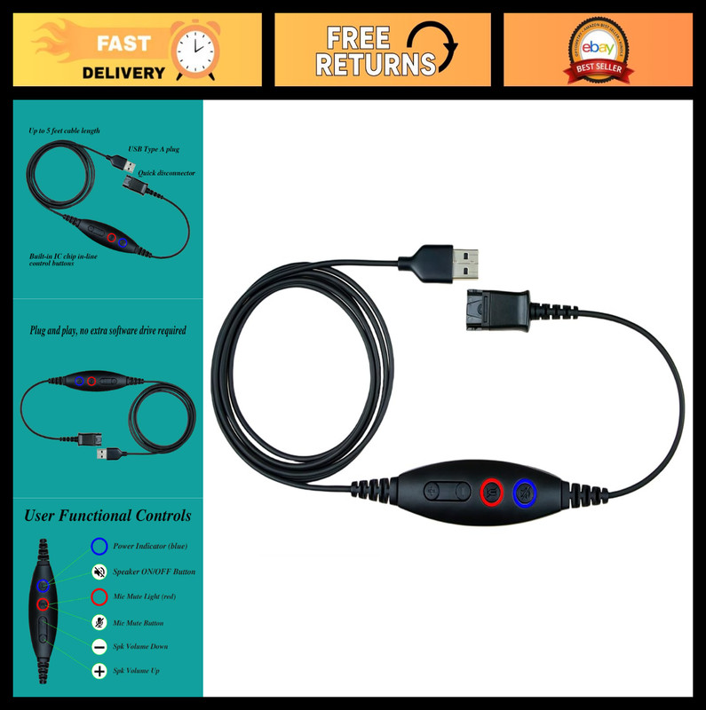 USB Adapter Cable QD to USB Type A, Headset to PC/Laptop, Volume & Mic Control
