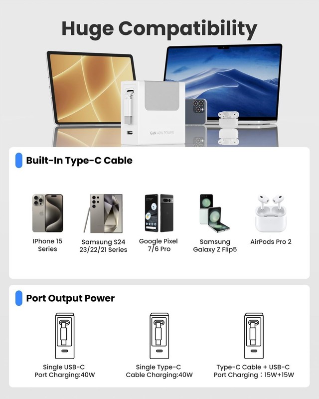 65W USB C Retractable Type-C Cable Portable Fast Charging 18W with Foldable Plug gallery