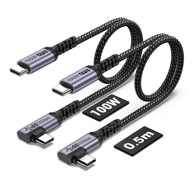 100W 1.5ft USB Cable Right Angle, 2 Packs, 10Gbps Data Speed