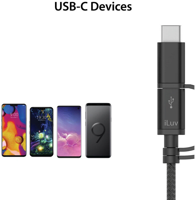 iLuv ICB268BK 3-in-1 Charge/Sync Cable, USB2.0 to Micro USB/Lightning/USB-C, 3FT gallery