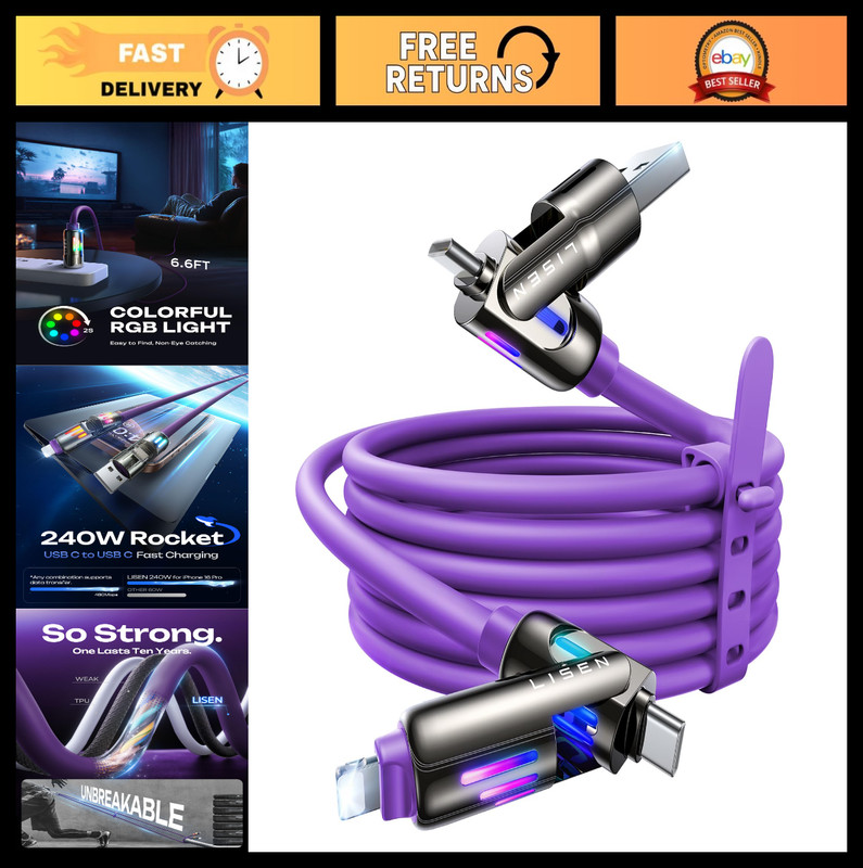 240W 4-in-1 USB C to C Charging Cable 6.6FT with Light for iPhone/MacBook/iPad/S