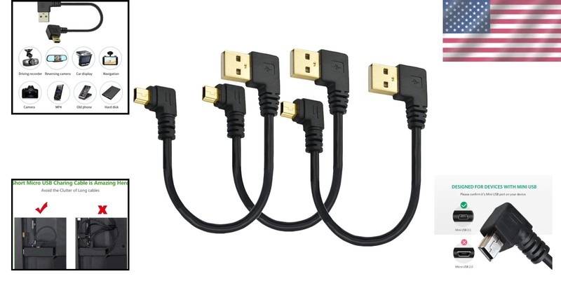 Universal Mini USB Cable 6-Inch with Right Angle Design - 3-Pack for All Devices gallery