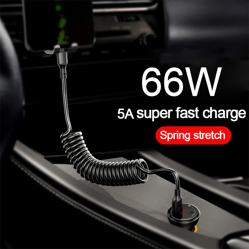 USB Type C 66W Car 5A Fast Charging Type C to Type C Spring Telescopic Cable For gallery