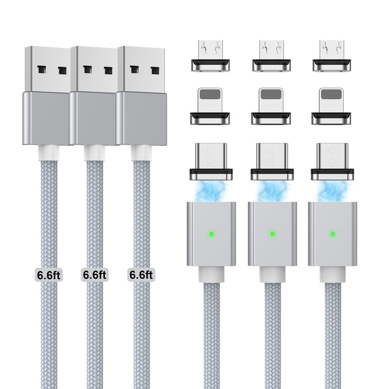 CNakdDG Magnetic Charging Cable 3A Fast Charging(3 6.6/6.6/6.6ft, Silver