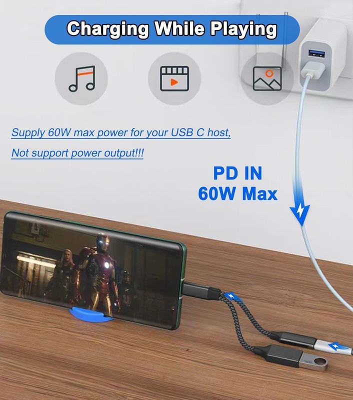 USB C to USB OTG Adapter, 2 in 1 USB C Splitter with PD 60W Charging Port and US gallery