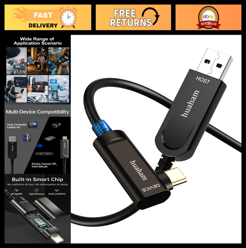 33FT USB A to USB C Right Angle Fiber Optic Cable, 10Gbps USB 3.2 Gen2, Ultra Sl