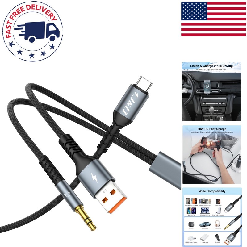USB C to 3.5 mm Aux & Charger Cable, 4 ft – Wide Compatibility for Music Lovers