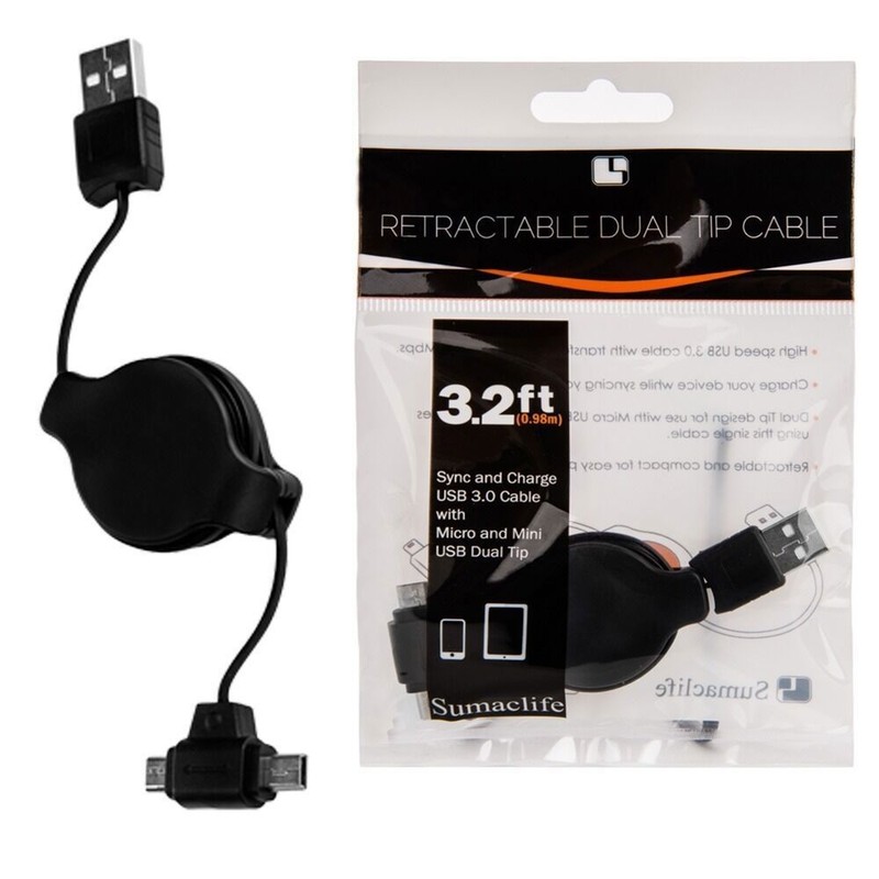 Black Retractable Dual-Tip Micro and Mini USB Cable Charging Sync Data Cable