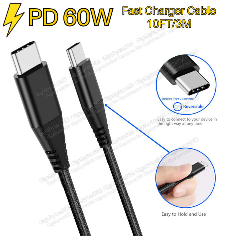 60W Type-C Cable USB-C to USB-C Fast Charger Charging 10FT Cord For i Phone15 16