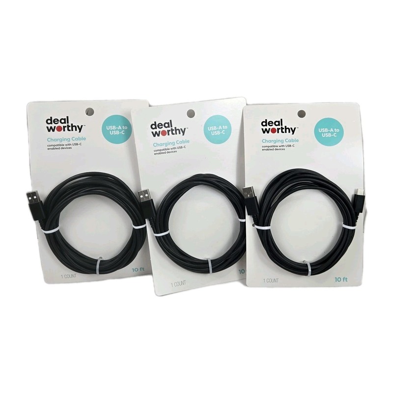 Deal Worthy 10 ft Charging Cable USB-A to USB-C, Black, Lof of 3 NEW FREE SHIP