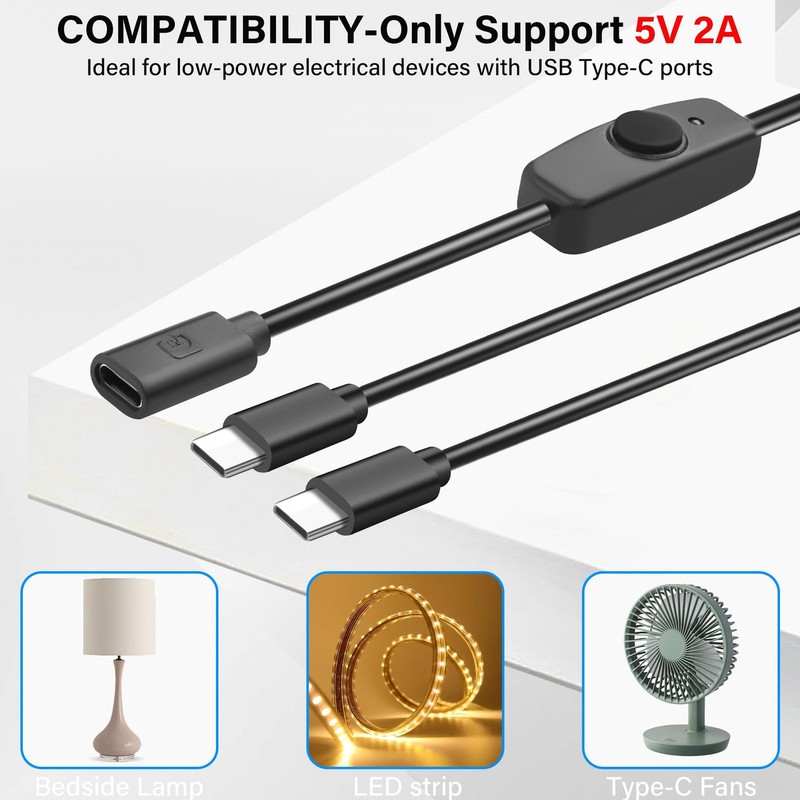USB C Splitter Power Cable with Switch 5V 2A Type C Female to Dual Male Power... gallery