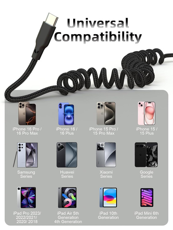 Quickeep Car Carplay Cable 2Pack 3Ft Coiled USB a to USB C Fast Charge Cord for gallery