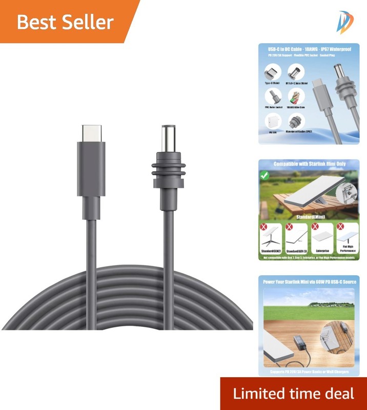 Starlink Mini USB-C to DC Cable – Compact 3.28FT Length with Weatherproof Design