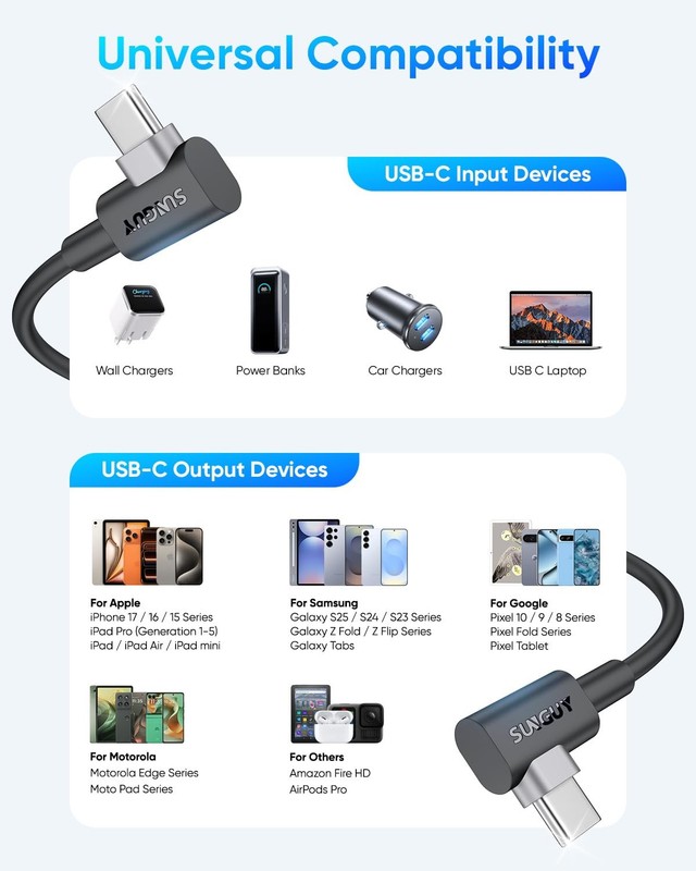 USB C to USB C Right Angle Cable 1FT 60W Fast Charging - Double Elbow Design gallery