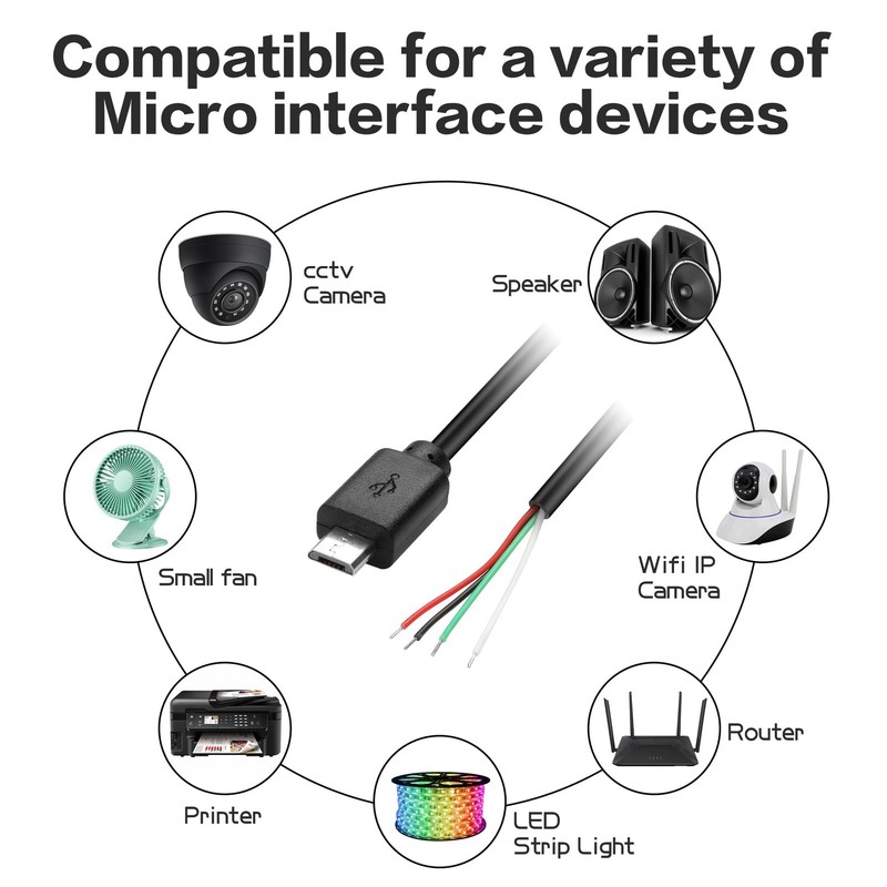 5 PCS Micro USB Male 4 Pin Bare Wire 5V 2A Open End Pigtail Power Cable gallery