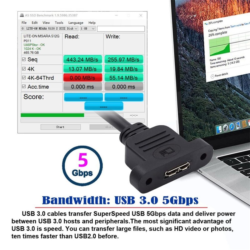 Type-A USB 3.0 Female to Micro 3.0 Type-B Female Screw Mount Extension 5Gbps gallery