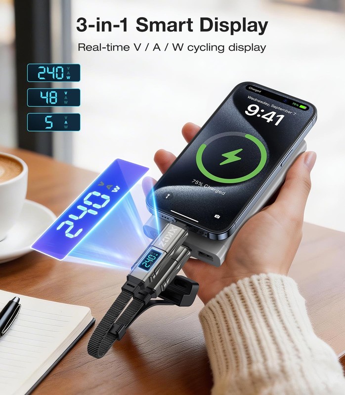 Keychain USB C Cable with V/A/W Display, 4 in 1 Charging Cable Combo Type C/U... gallery