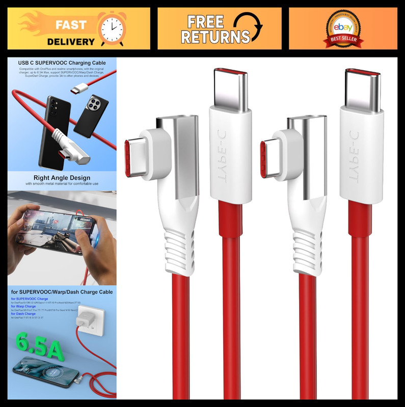 125W USB C Charging Cable 6ft Right Angle PD Fast Charge for OnePlus/Samsung/Goo