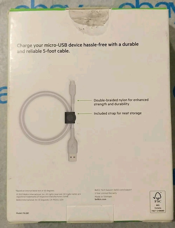 Belkin Boost Charge Micro USB To USB A Cable 5ft + Strap New Open Box gallery