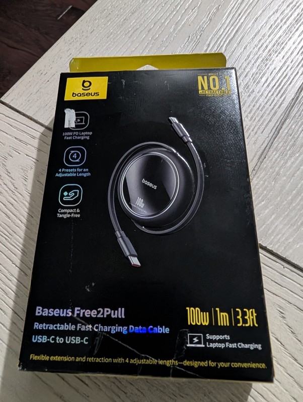 Baseus - Free2PullRetractable Charging Cable USB-C to USB-C 3 feet 100W Black