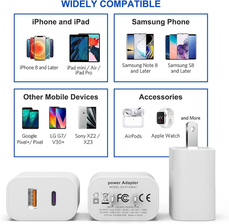 4 Pack 20W USB-C & USB-A Wall Chargers for iPhone 17-14 & Samsung, White gallery