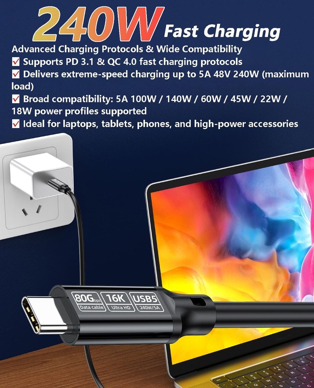 1.6 Ft 0.5m Black USB C To C 240W Fast Charge Cable 80Gbps 16K Nylon Braided gallery