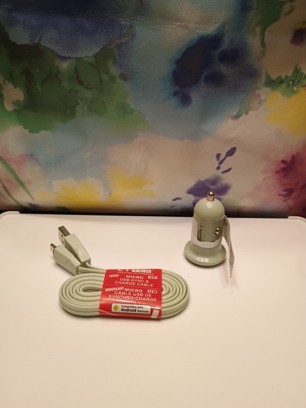 Micro Phone Cable (4 Ft) + USB Car Charger. Grey. gallery