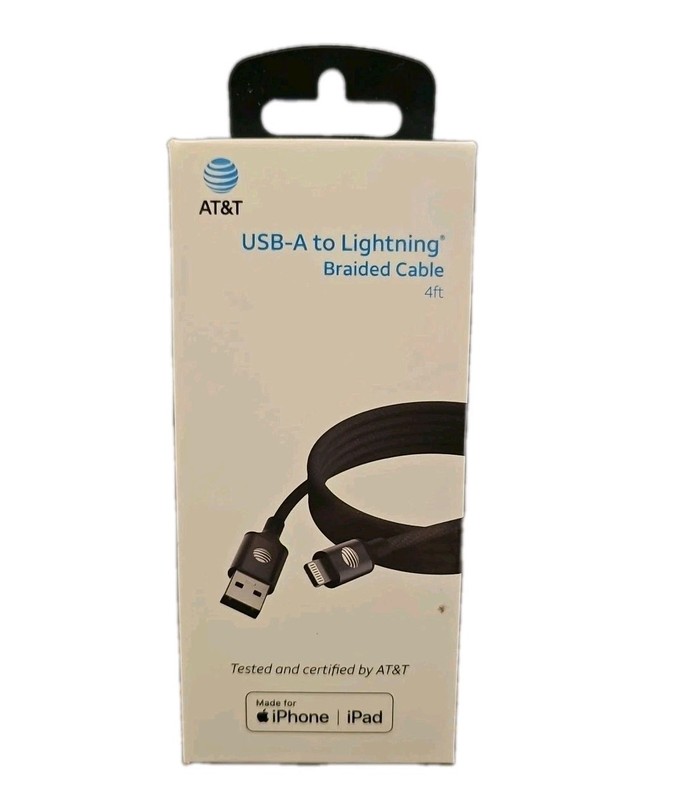 AT&T 4ft USB-A to iPhone Braided Cable Black MFi Charge Sync OEM Open Box New
