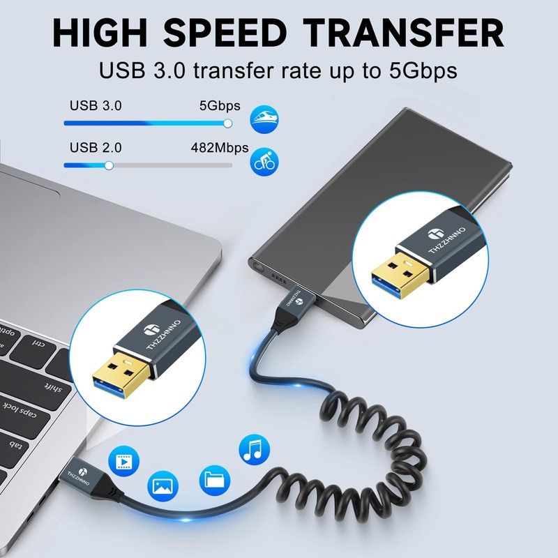 0.753.3FT Coiled USB Type A Cable 5Gbps Retractable Data Transfer Cord gallery