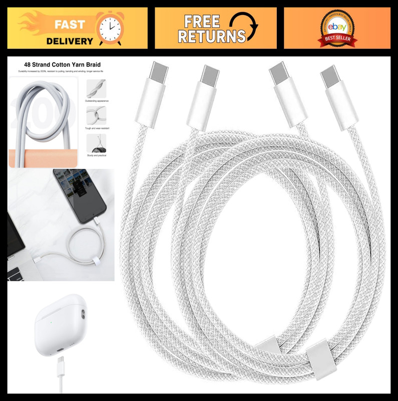 2-Pack 5FT USB C to USB C Woven Charging Cable for iPhone 15/16/17, AirPods Pro,