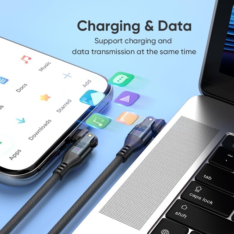 240W USB-C Fast Charging Cable 6ft - Heavy-Duty Nylon, 180° Rotating Right Angle gallery