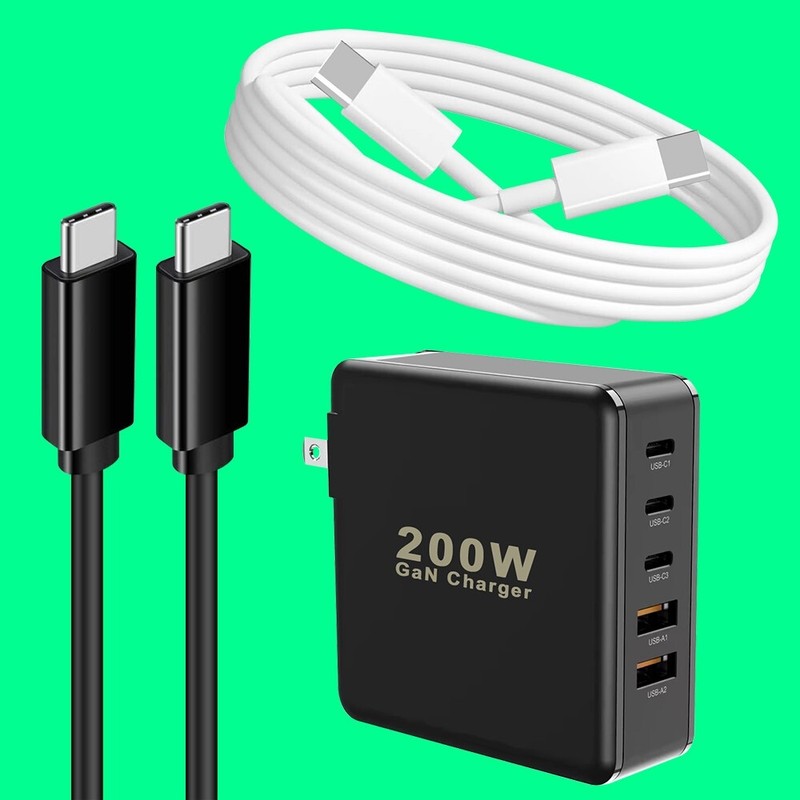 200W USB C Charger Block, 5-Port USB C Fast Charging Station w/ 2x 100W/5A Cable