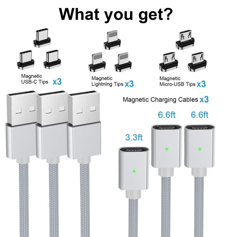 CNakdDG Magnetic Charging Cable 3A Fast Charging(3 6.6/6.6/6.6ft, Silver gallery
