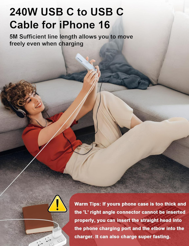 16FT USB C Cable Fast Charging 240W,Extra Long USB C to USB C Cable 16 foot Type gallery