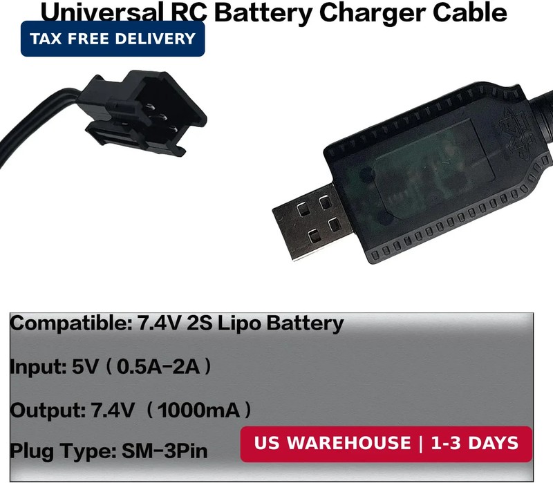 [2 Pack]BaiWeiDun 7.4V USB Charger Cable with SM-3PIN Plug Compatible RC Car RC gallery