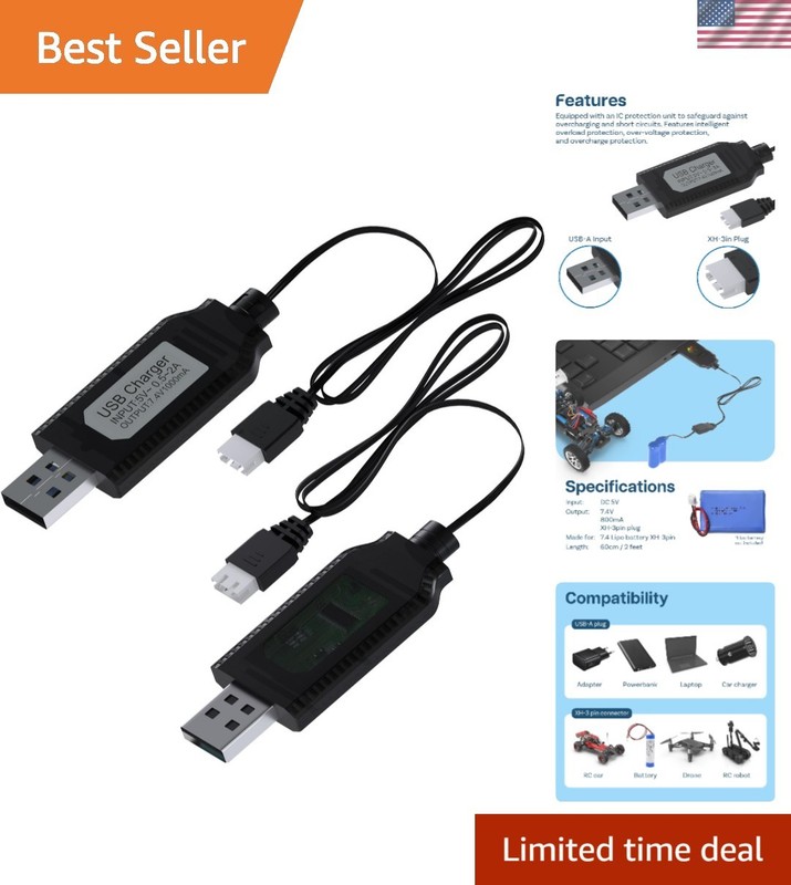 USB Charger Cables (2 Pack) for 7.4V RC Battery Charging – Safe & User-Friendly