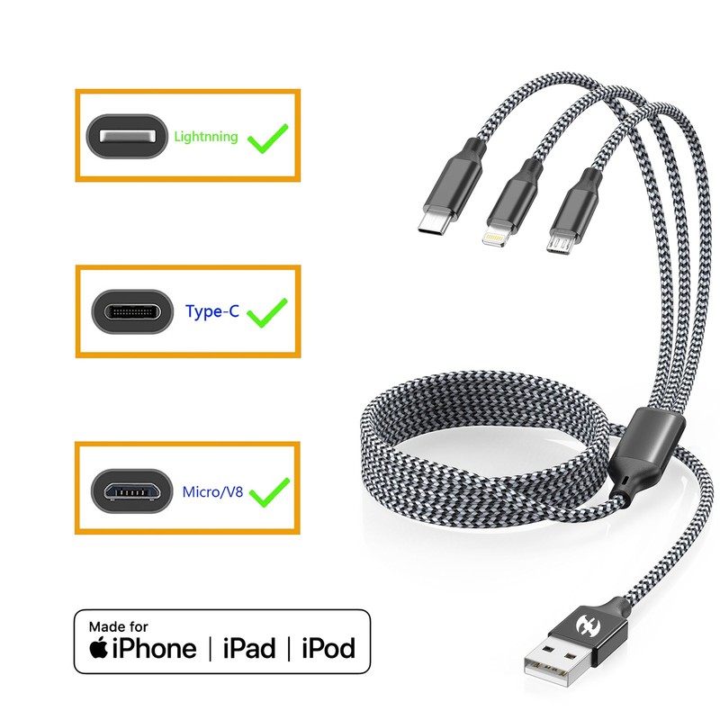 Multi Charging Cable 2ft 2Pack 3 in 1 Charger Cord, 2 feet, Black/Grey-2ft gallery