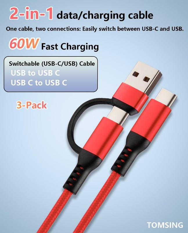 2-in-1 USB C to USB C 60W Fast Charging Cable USB to USB C，3Pack 6.6FT ， Brai... gallery