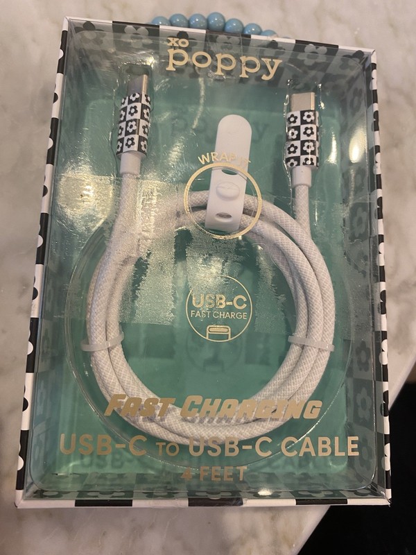 XO Poppy 4ft USB-C to USB-C Cable White With Flower Print | Fast Charging Cable