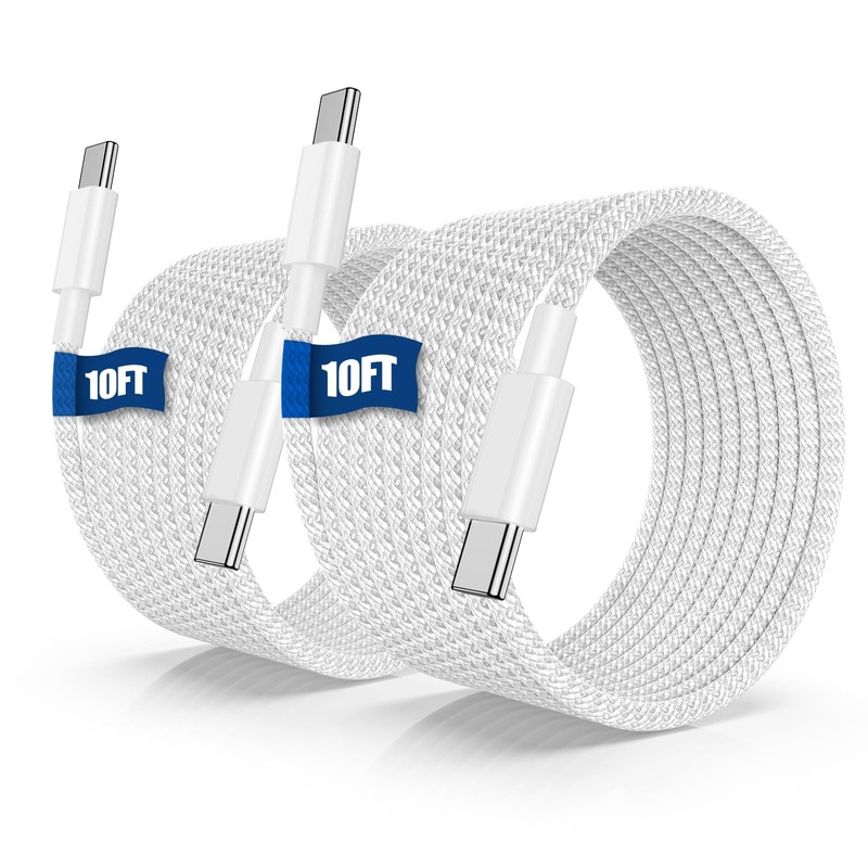 USB C To Type C Fast Charger Cable 60W Long Power Cord Data Sync White 10 Ft