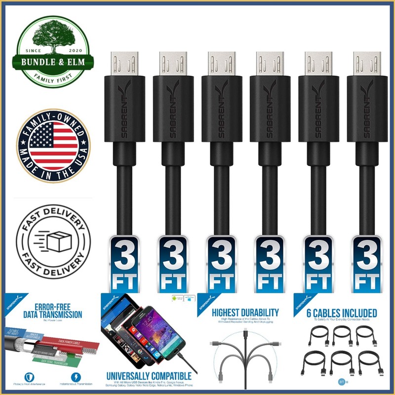 High Speed Micro USB Cables, 3ft Length for Smartphones and Tablets – 6 Pack