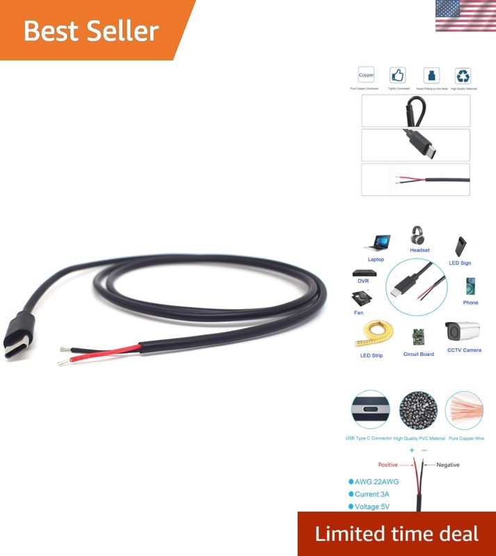 USB Type C Male to Bare Wire Connector – 1M 5V 3A for Custom Installations
