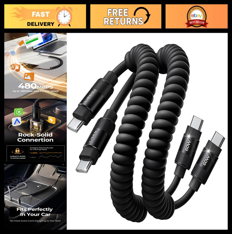 Coiled USB C Cable 2 Pack - Durable Short Fast Charging Cord for Android Auto, C
