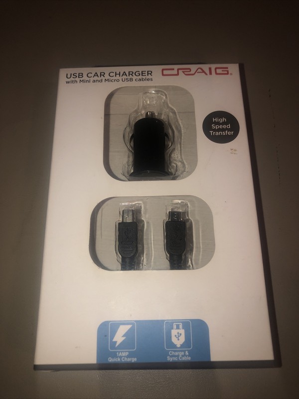 New in package Craig USB Car Charger with Mini & Micro USB Cables