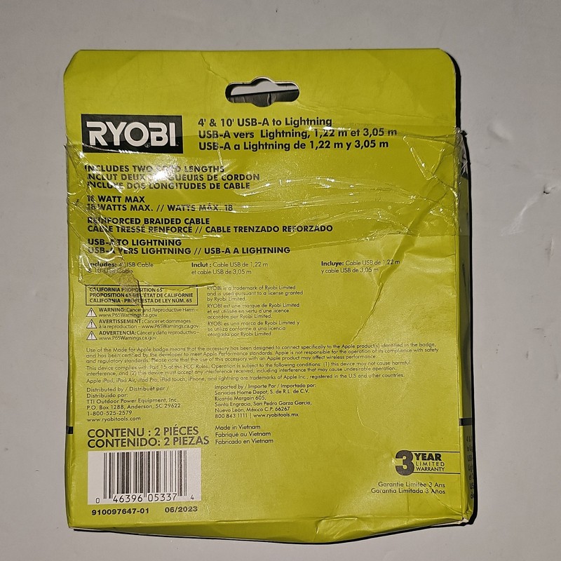 RYOBI USB-A to Reinforced Braided Cables 4ft & 10ft Green A25BG02 [b1] gallery