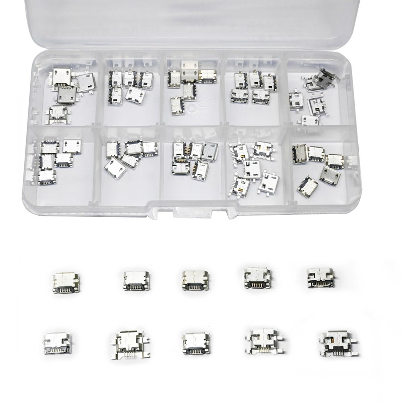 50 PCS Micro USB Female Connector Set 5Pin Solder Ports Spare Parts Kit