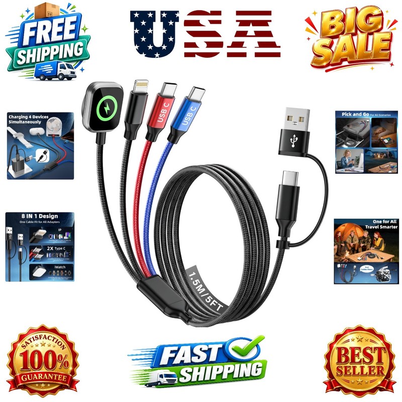 Dual Type-C Ports 4 in 2 Multi Charging Cable for iWatch Charger/iPhone 17 | …