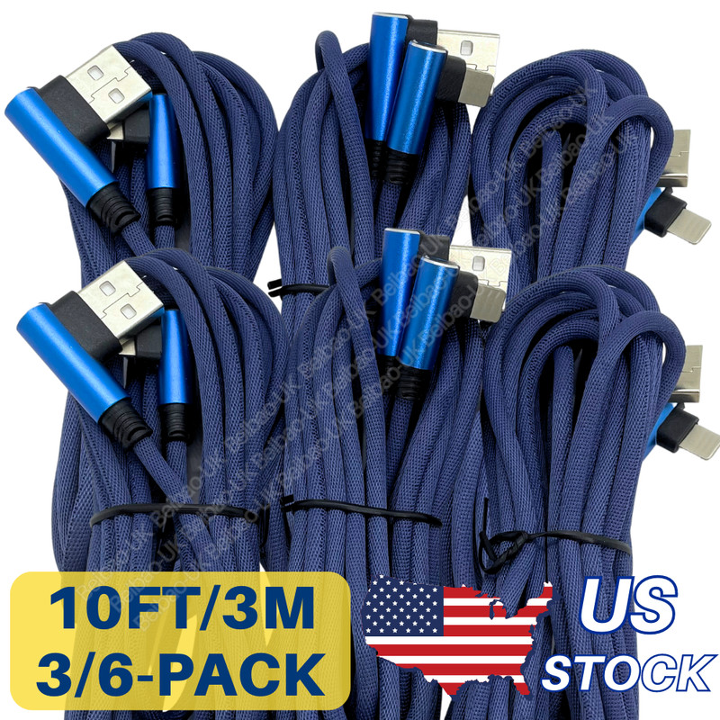 3/6Pack 90 Degree USB Charger Cable 10FT For iPhone 12 13 14 XR 8 Charging Cord